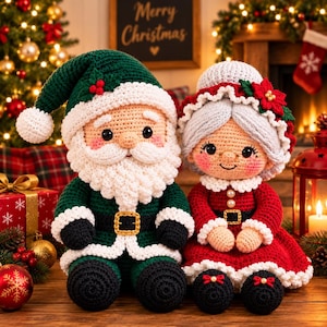 May include: Two handmade crochet dolls representing Santa Claus and Mrs. Claus. Santa wears a green suit with a white beard and hat. Mrs. Claus wears a red dress with a white bonnet and a poinsettia accent. Both dolls feature black boots and belts.