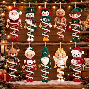 May include: A set of ten crocheted Christmas ornaments featuring characters including Santa Claus, a snowman, a penguin, a gingerbread person, an elf, a reindeer, Mrs. Claus, a gnome, an angel, and a polar bear, each with a spiral tail.