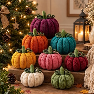 Puede incluir: Una colección de nueve calabazas de ganchillo en varios colores, incluyendo morado, naranja, azul cerceta, amarillo, rosa, rojo oscuro, crema y verde. Cada calabaza presenta una textura acanalada y un pequeño tallo verde en la parte superior.