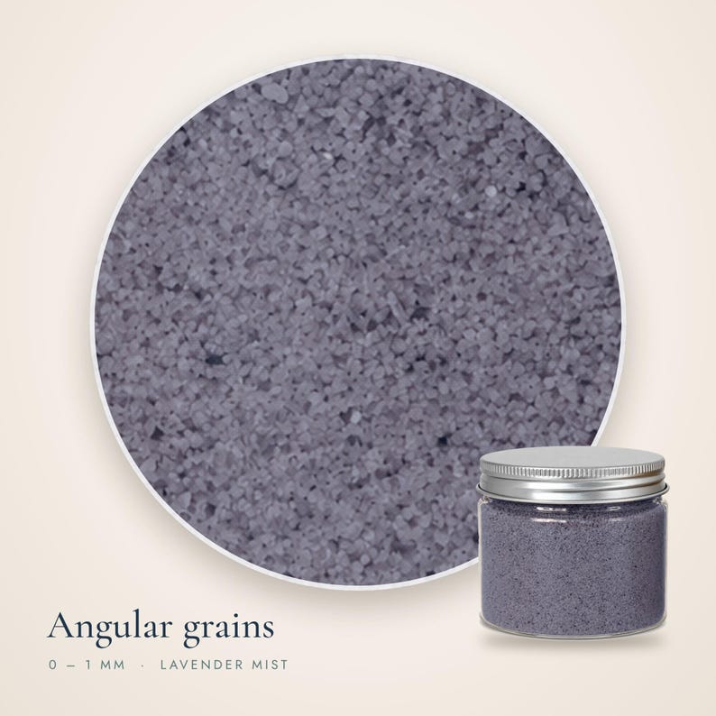Close-up of Lavender Mist craft sand showing angular grains 0 to 1 mm, with a small closed jar in the corner