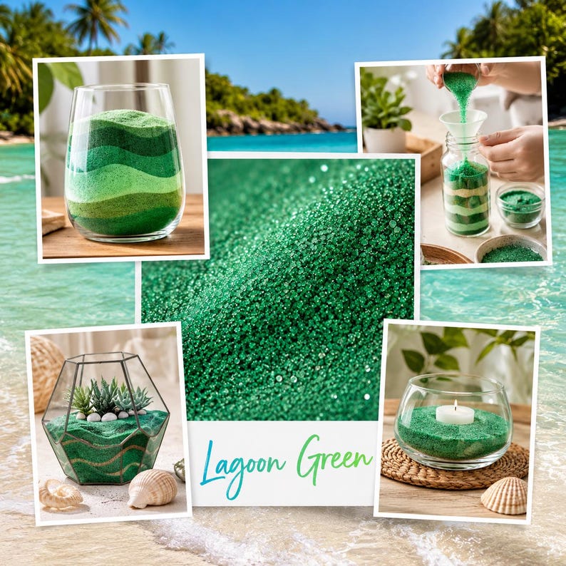 Collage of Lagoon Green sand project ideas: layered vase, sand art jar, geometric dry terrarium, and tealight candle holder