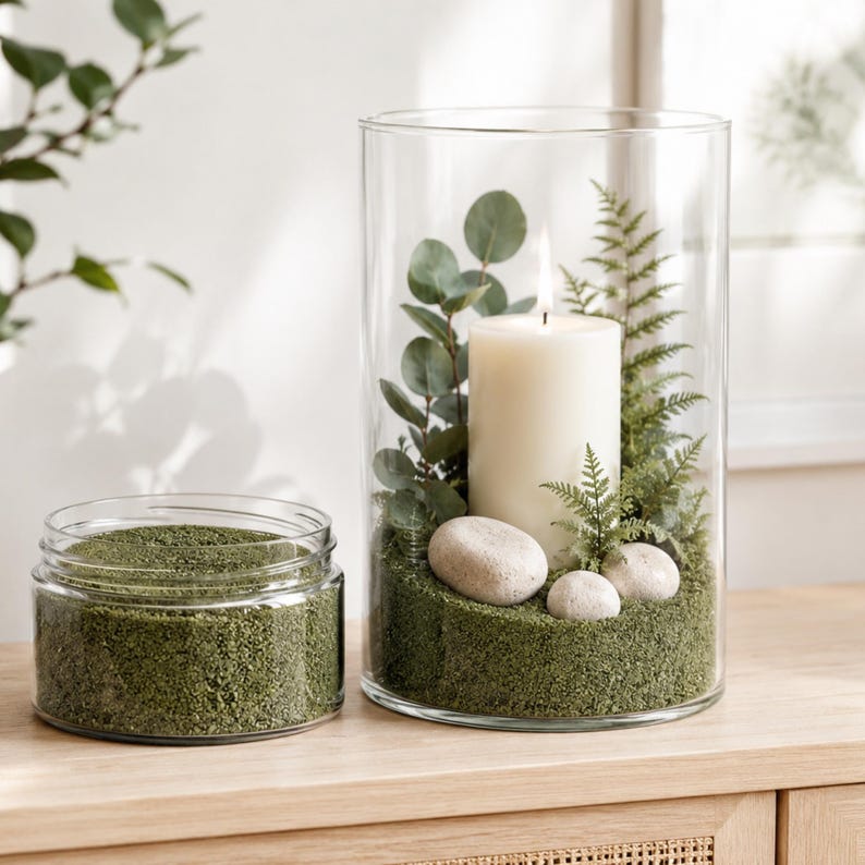 Tall glass cylinder holder with a lit white pillar candle, eucalyptus, fern and white pebbles set in Olive Grove green quartz sand, next to an open jar of the same sand on a light wooden cabinet