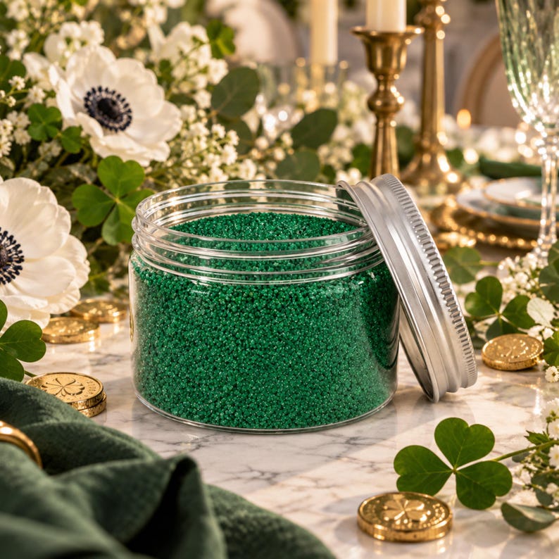 Open jar of Lagoon Green craft sand on a marble table with shamrocks, gold coins, white flowers, and candles