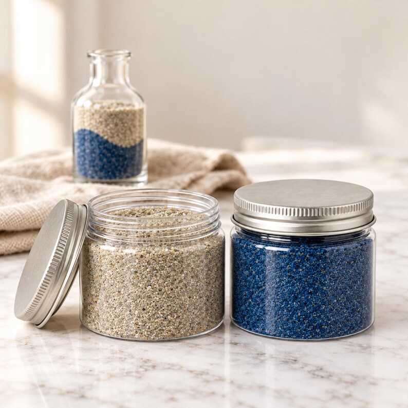 Open clear jar of natural beige quartz sand with its silver lid leaning against it, next to a closed jar of royal blue sand on a white marble counter. Behind them are a small glass bottle with a wavy blue and beige sand layer and a folded beige towel.