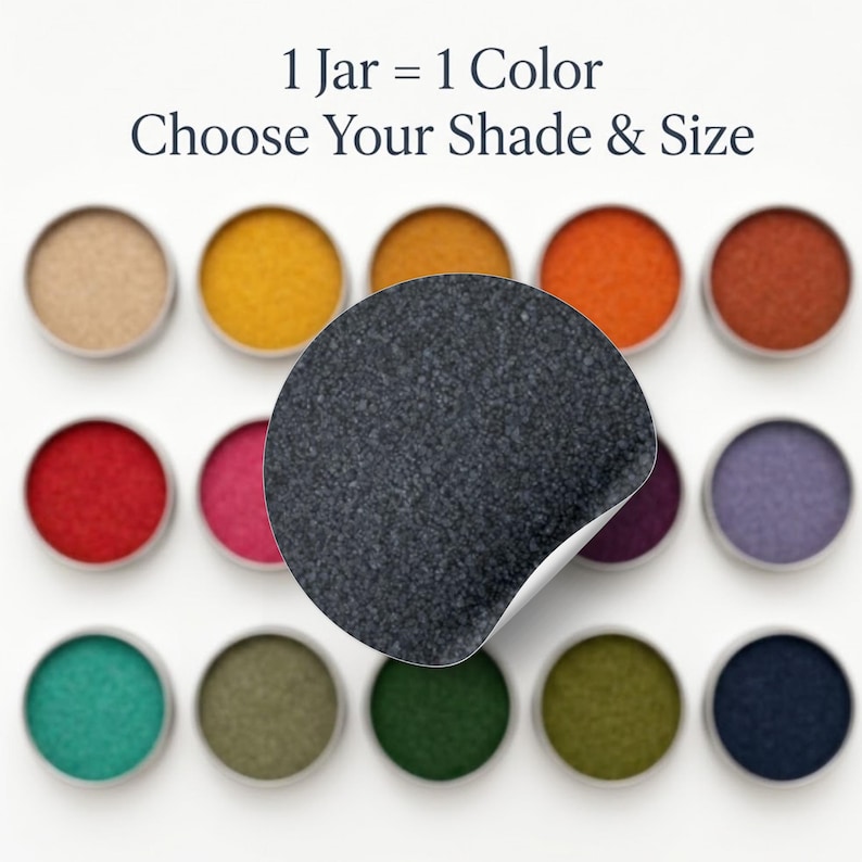 Atlantic Night sand swatch shown over a grid of 15 sand colors, text reads 1 Jar = 1 Color, Choose Your Shade and Size