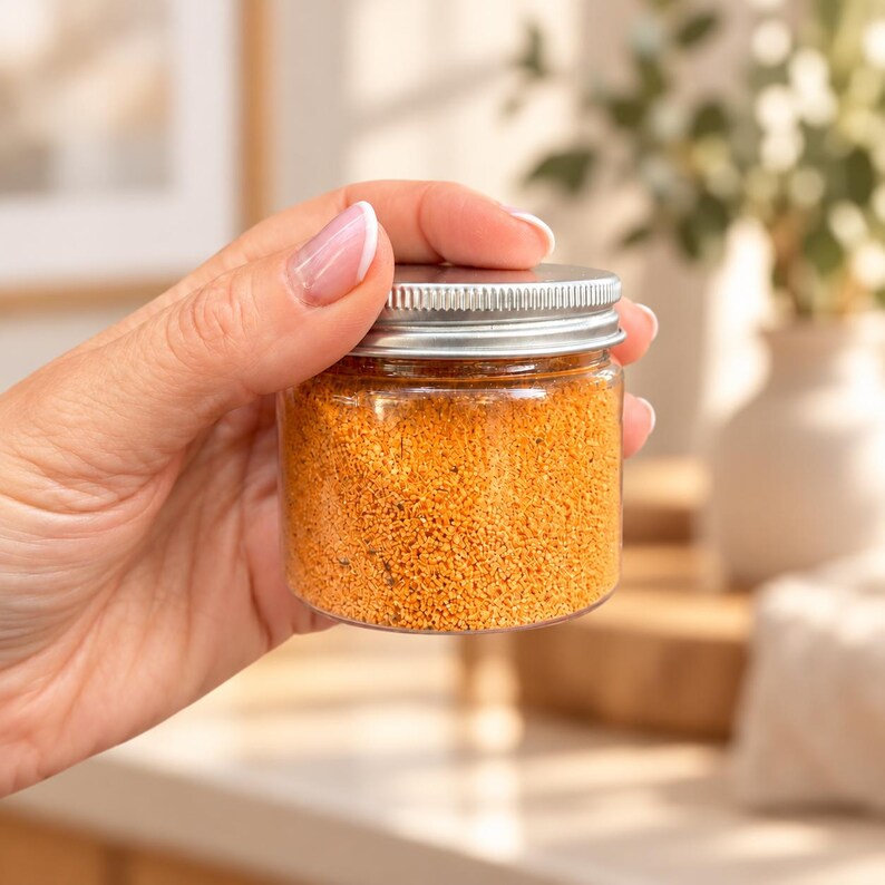 May include: A small, clear, cylindrical plastic jar filled with a vibrant orange, granular spice blend. The container is topped with a ribbed, silver-colored metal screw-on lid, providing a secure seal for the contents inside.