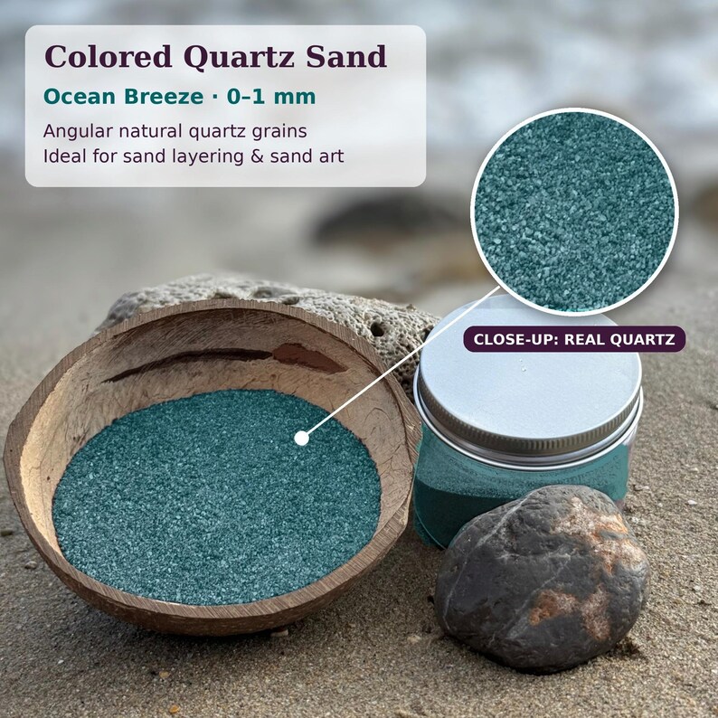Coconut shell bowl of Ocean Breeze turquoise sand and a closed jar on a beach, with a close-up circle of the quartz grains