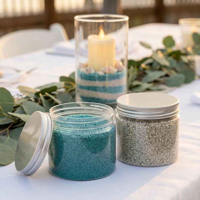 Open jar of teal craft sand and a jar of gray sand on a white table, with a candle in a teal and gray striped sand holder