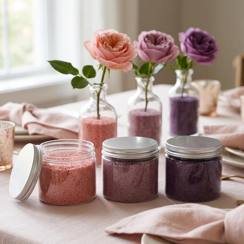Three jars and three matching glass bottles filled with pink, mauve, and purple colored
quartz sand, each holding a single rose, designed for dry terrarium and floral decor.