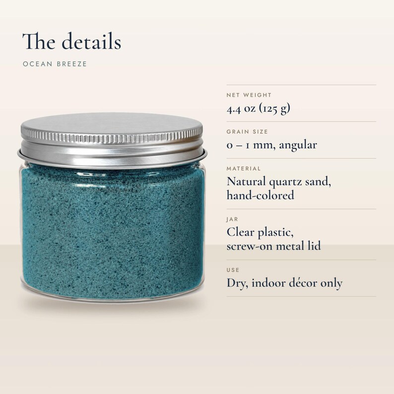 Photo 3 – Product details	Jar of Ocean Breeze craft sand, text lists 4.4 oz (125 g), angular 0-1 mm grains, natural quartz sand, dry indoor decor only