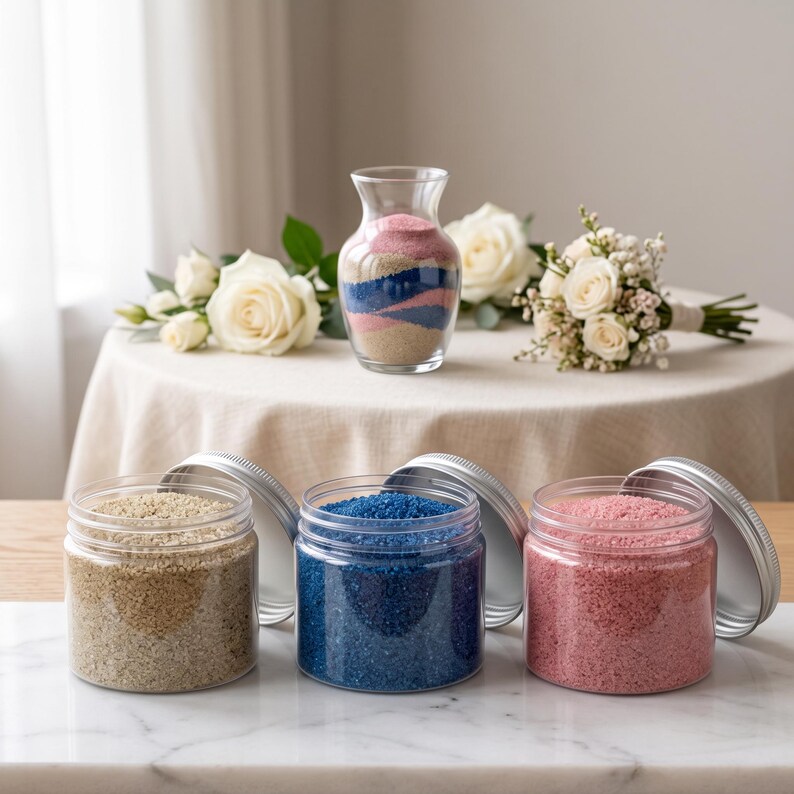 Three jars filled with beige, blue, and pink quartz sand displayed on a table with white roses and a vase for dry terrarium and floral design.