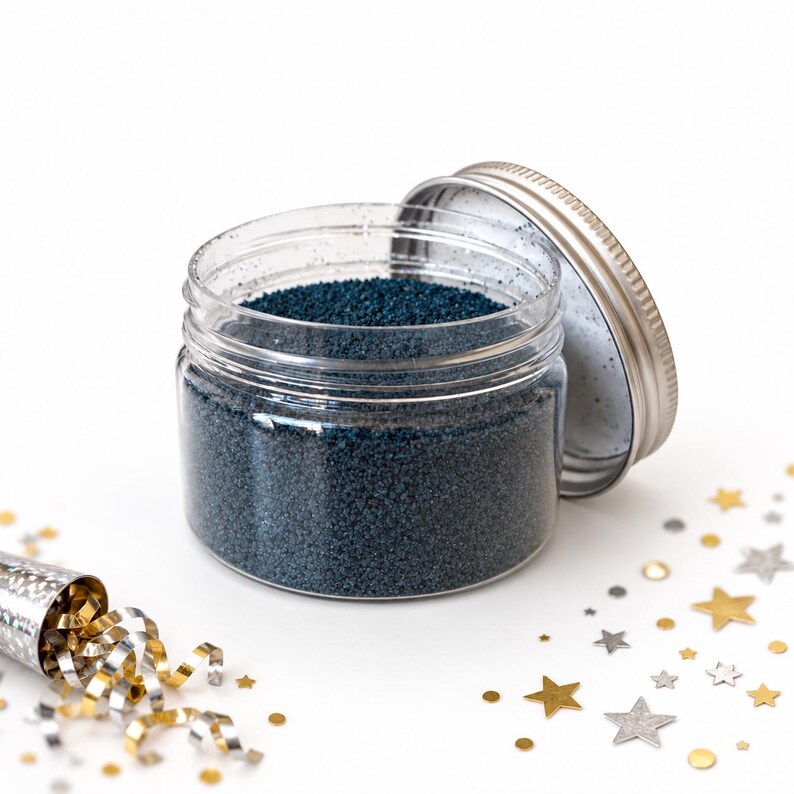 Open clear jar of deep blue colored quartz sand with the silver metal lid leaning against it, next to a silver party popper spilling gold and silver curly ribbons, and scattered gold and silver star confetti, on a white background.