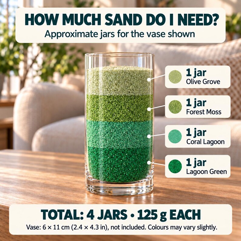 Sand quantity guide showing a tall cylindrical glass vase filled with four layers of green colored quartz sand, one jar each: Lagoon Green emerald at the bottom, then Coral Lagoon mint green, Forest Moss green and Olive Grove light olive on top. Text: approximate jars for the vase shown, total 4 jars, 125 g each, vase 6 x 11 cm (2.4 x 4.3 in), not included, colours may vary slightly.