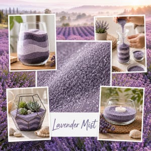 Collage of Lavender Mist sand project ideas: layered vase, sand art jar, geometric terrarium, and tealight candle holder