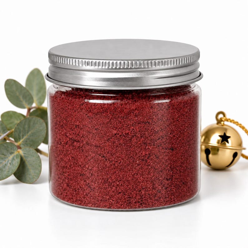 Closed clear jar of deep red colored quartz sand with a silver metal screw lid, next to a eucalyptus sprig and a gold jingle bell on a gold cord, on a white background.
