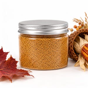 Closed clear jar of Amber Gold colored quartz sand in a warm golden amber, with a silver metal screw lid, next to a red maple leaf and a woven cornucopia with dried multicolored corn, wheat stalks and small orange berries, on a white background.