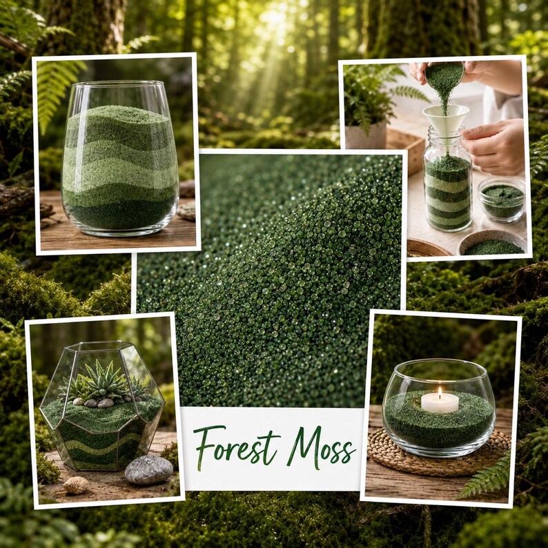 Collage of Forest Moss sand project ideas: layered vase, sand art jar, geometric dry terrarium, and tealight candle holder