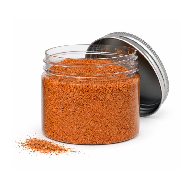 Open clear jar of warm orange colored quartz sand with its silver metal screw lid leaning behind it and a small pile of the same sand spilled in front, showing the fine grain texture, on a white background.