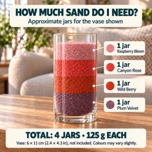 Sand quantity guide showing a tall cylindrical glass vase filled with four layers of colored quartz sand, one jar each: Plum Velvet purple at the bottom, then Wild Berry red, Canyon Rose coral red and Raspberry Bloom pink on top. Text: approximate jars for the vase shown, total 4 jars, 125 g each, vase 6 x 11 cm (2.4 x 4.3 in), not included, colours may vary slightly.