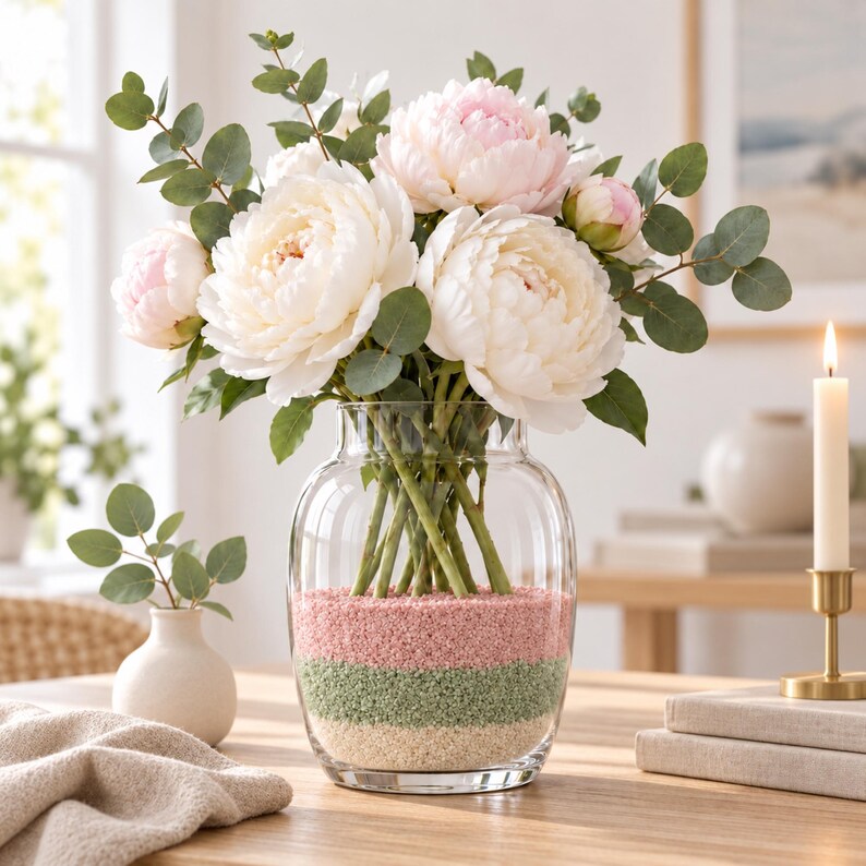 Clear glass vase with white and pale pink peonies and eucalyptus, its base filled with three layers of quartz sand, cream at the bottom, olive green in the middle and pink on top, on a wooden table next to a candle and books