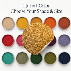 Amber Gold sand swatch shown over a grid of 15 sand colors, text reads 1 Jar = 1 Color, Choose Your Shade and Size