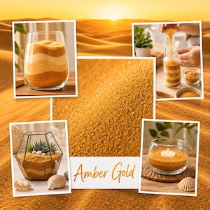Collage of Amber Gold sand project ideas: layered vase, geometric dry terrarium, sand art jar, and tealight candle holder