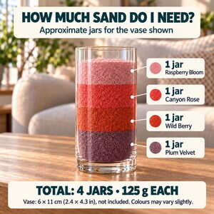 Sand quantity guide showing a tall cylindrical glass vase filled with four layers of colored quartz sand, one jar each: Plum Velvet purple at the bottom, then Wild Berry red, Canyon Rose coral red and Raspberry Bloom pink on top. Text: approximate jars for the vase shown, total 4 jars, 125 g each, vase 6 x 11 cm (2.4 x 4.3 in), not included, colours may vary slightly.