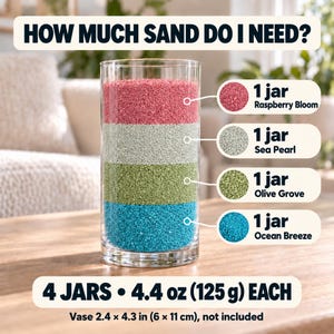 Sand quantity guide showing a tall cylindrical glass vase filled with four layers of colored quartz sand, one jar each: Ocean Breeze turquoise at the bottom, then Olive Grove green, Sea Pearl light grey and Raspberry Bloom pink on top. Text: 4 jars, 4.4 oz (125 g) each, vase 6 x 11 cm (2.4 x 4.3 in), not included.
