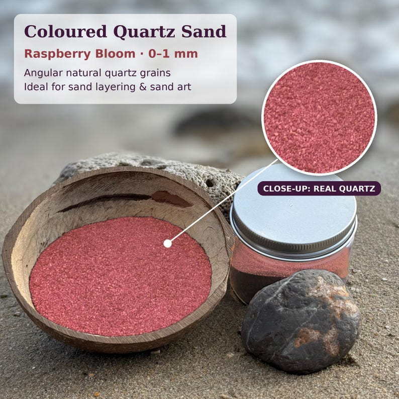 Coloured quartz sand in Raspberry Bloom shade, 0-1 mm grain size, displayed in a coconut bowl on sand, ideal for dry terrarium and sand art.