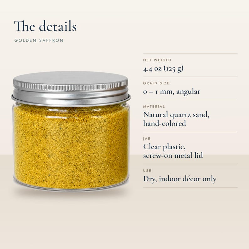 Product details infographic for Golden Saffron colored quartz sand showing 4.4 oz net
weight, 0-1 mm angular grains, and dry terrarium decor use.