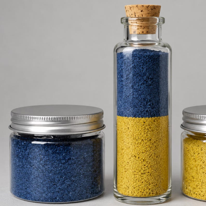 Jar of blue craft sand, jar of yellow sand, and a corked bottle filled half blue and half yellow