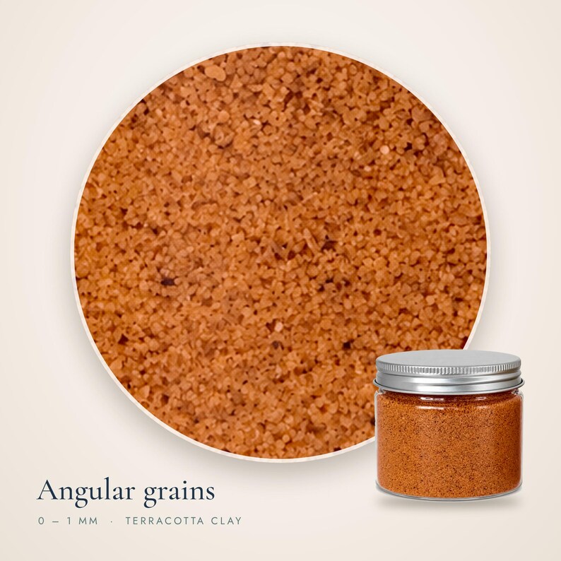 Close-up view of angular 0-1 mm Terracotta Clay colored quartz sand grains next to a clear plastic jar with a metal lid for dry terrarium crafts.