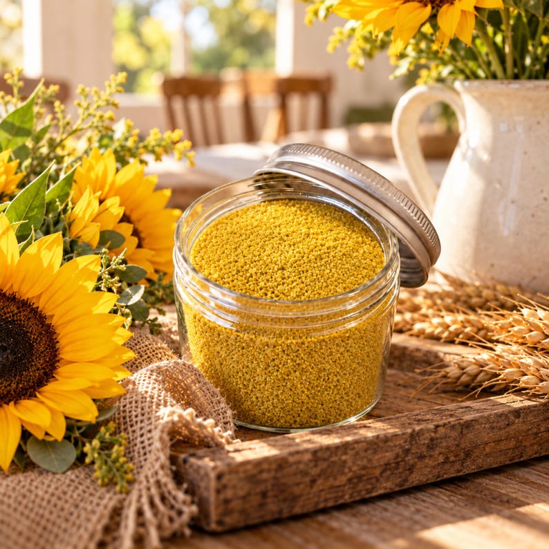 Open jar of Golden Saffron yellow craft sand on a rustic wooden tray with sunflowers, wheat, and burlap