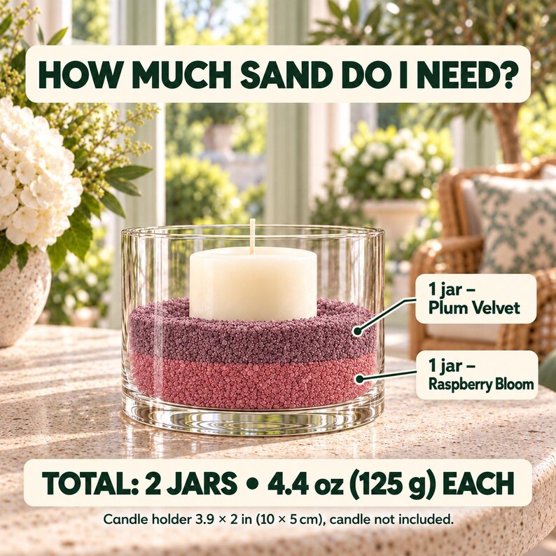 Sand quantity guide showing a glass candle holder with a white pillar candle, filled with two layers of quartz sand, one jar each: Raspberry Bloom pink at the bottom and Plum Velvet purple on top. Text: total 2 jars, 4.4 oz (125 g) each, candle holder 10 x 5 cm (3.9 x 2 in), candle not included.