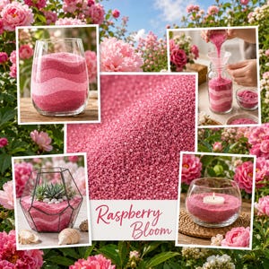 Collage of craft ideas with Raspberry Bloom pink quartz sand in a garden of pink peonies: a vase with wavy pink layers, sand being poured through a funnel into a jar, a geometric terrarium with succulents, a glass candle holder with a tealight, and a close-up of the sand with the color name.