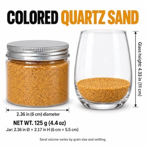 Closed clear jar of Amber Gold colored quartz sand with a silver metal screw lid, next to a stemless wine glass with a layer of the same sand at the bottom. Text: Colored Quartz Sand, Net Wt. 125 g (4.4 oz), jar 2.36 in diameter x 2.17 in high (6 x 5.5 cm), glass height 4.33 in (11 cm), sand volume varies by grain size and settling.