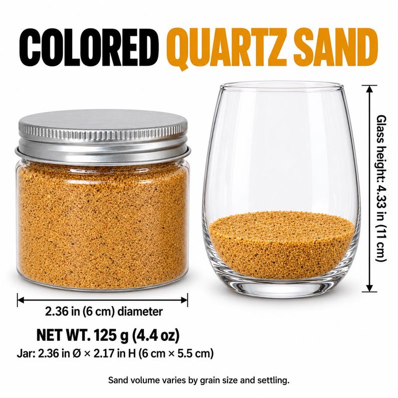 Closed clear jar of Amber Gold colored quartz sand with a silver metal screw lid, next to a stemless wine glass with a layer of the same sand at the bottom. Text: Colored Quartz Sand, Net Wt. 125 g (4.4 oz), jar 2.36 in diameter x 2.17 in high (6 x 5.5 cm), glass height 4.33 in (11 cm), sand volume varies by grain size and settling.