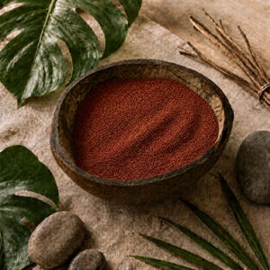 Rustic wooden bowl filled with Wild Berry red quartz sand on a linen cloth, surrounded by monstera leaves, smooth grey stones and a bundle of dry twigs.