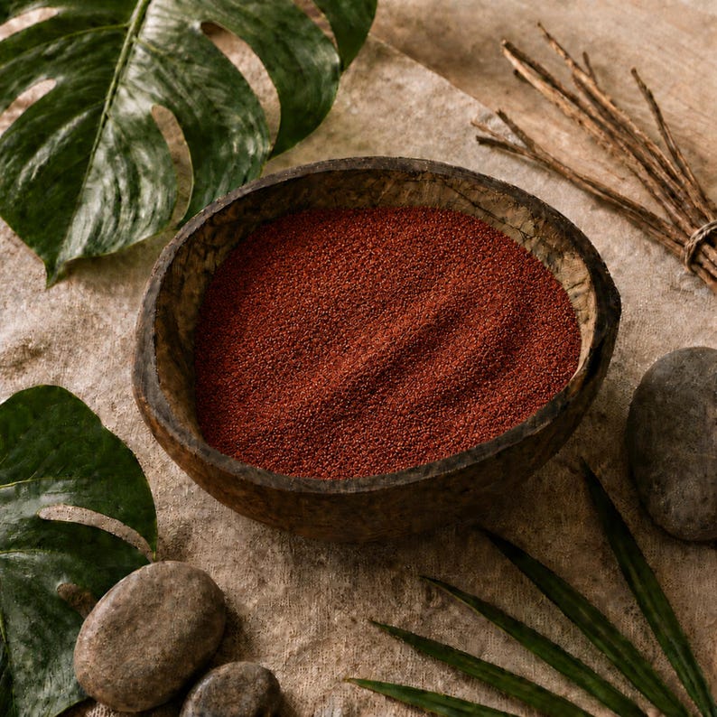Rustic wooden bowl filled with Wild Berry red quartz sand on a linen cloth, surrounded by monstera leaves, smooth grey stones and a bundle of dry twigs.