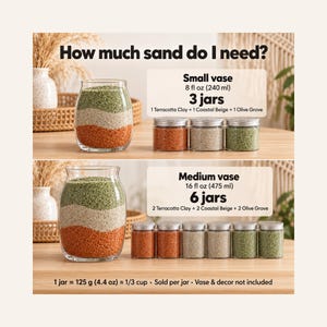 Sand quantity guide comparing two glass vases filled with wavy layers of Terracotta Clay, Coastal Beige and Olive Grove quartz sand. Small vase, 8 fl oz (240 ml): 3 jars, one of each color. Medium vase, 16 fl oz (475 ml): 6 jars, two of each color. Text: 1 jar = 125 g (4.4 oz), about 1/3 cup, sold per jar, vase and decor not included.