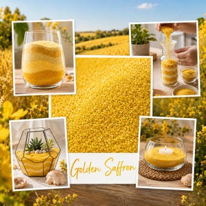 Collage of Golden Saffron sand project ideas: layered vase, sand art jar, geometric terrarium, and tealight candle holder