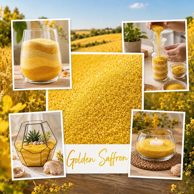 Collage of Golden Saffron sand project ideas: layered vase, sand art jar, geometric terrarium, and tealight candle holder