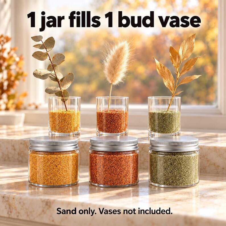 Infographic showing three jars of colored quartz sand filling three bud vases with dried
botanical stems, ideal for dry terrarium and home decor styling.
