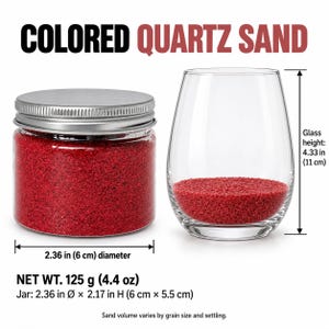 Closed clear jar of Canyon Rose colored quartz sand in a rose red, with a silver metal screw lid, next to a stemless wine glass with a layer of the same sand at the bottom. Text: Colored Quartz Sand, Net Wt. 125 g (4.4 oz), jar 2.36 in diameter x 2.17 in high (6 x 5.5 cm), glass height 4.33 in (11 cm), sand volume varies by grain size and settling.
