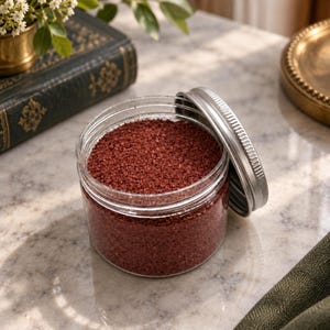 Open jar of Terracotta Clay reddish brown quartz sand with its silver lid leaning against it, on a marble surface next to an old green book, a small brass vase with white flowers and a brass tray.