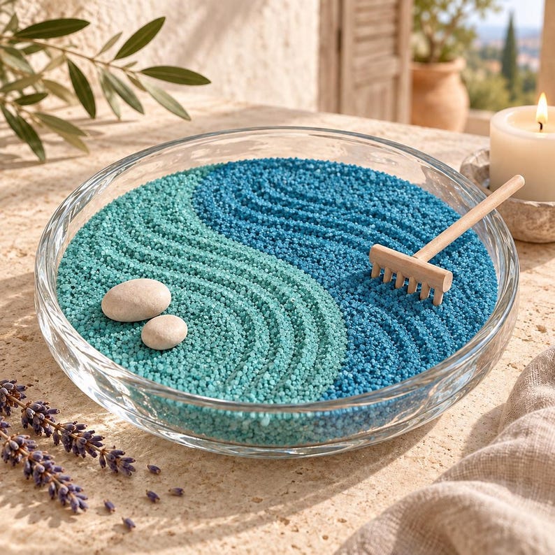 Glass dish zen garden with raked swirls of aqua and blue sand, two smooth stones, and a small wooden rake, next to a candle and lavender