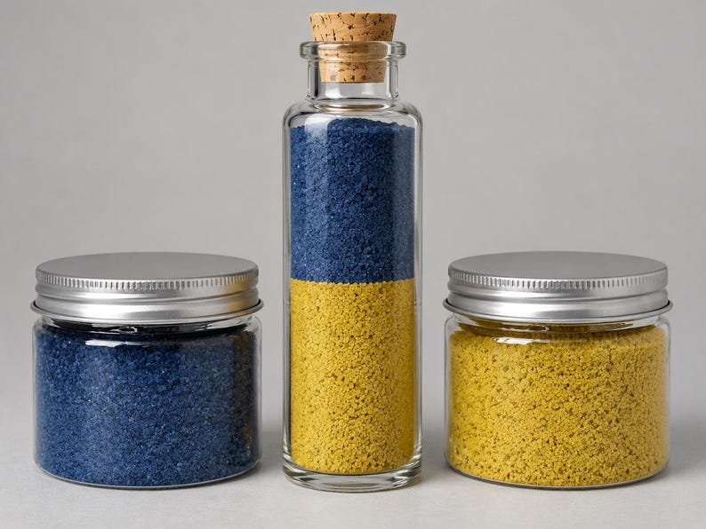 Tall cork-stoppered glass bottle filled with two layers of quartz sand in the colors of the Ukrainian flag, Golden Saffron yellow at the bottom and deep blue on top, between two closed clear jars with silver metal screw lids, one with deep blue sand and one with Golden Saffron yellow sand, on a light grey background.