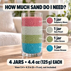 Sand quantity guide showing a tall cylindrical glass vase filled with four layers of colored quartz sand, one jar each: Ocean Breeze turquoise at the bottom, then Olive Grove green, Sea Pearl light grey and Raspberry Bloom pink on top. Text: 4 jars, 4.4 oz (125 g) each, vase 2.4 x 4.3 in (6 x 11 cm), not included.