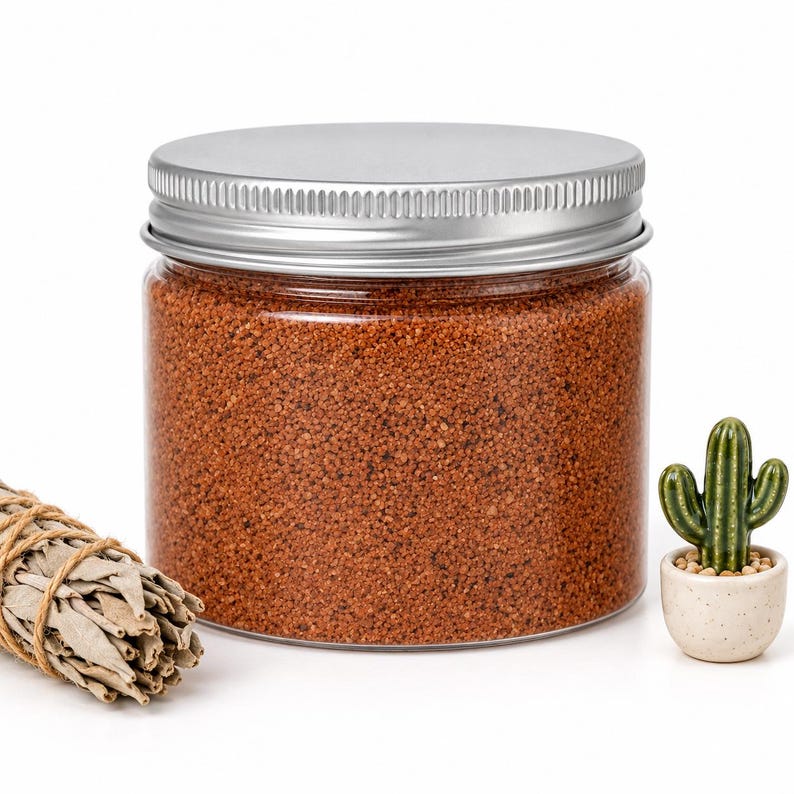 Closed clear jar of Terracotta Clay colored quartz sand in a warm reddish brown, with a silver metal screw lid, next to a bundle of dried white sage tied with twine and a small ceramic cactus in a speckled pot, on a white background.
