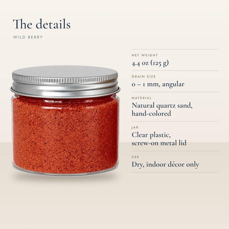 Product details infographic for Wild Berry colored quartz sand showing 4.4 oz net weight,
0-1 mm angular grains, and dry indoor decor use.
